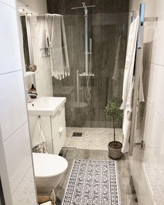 a bathroom that has a rug on the floor in front of it and a shower