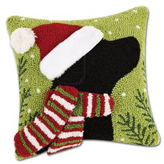 Santa Hat Black Lab Hooked Dog Pillow Holiday Scenery, Cabin Pillows, Punch Needling, Santa Pillow, Hooked Pillow, Ranch Decor, Stocking Hat, Hooked Wool, Christmas Pillows