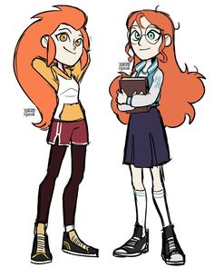 two girls with red hair and glasses are standing next to each other, one holding a book