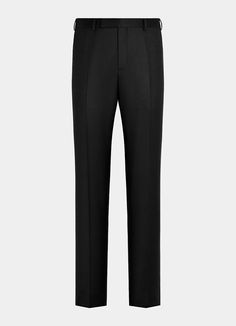 Black Straight Leg Pants in Pure S120's Flannel Wool | SUITSUPPLY US Straight Fit Trousers With Welt Pockets, Elegant Straight Fit Formal Pants, Slim Fit Straight Pants With Welt Pockets, Five-pocket Business Casual Trousers, Luxury Straight Leg Pants With Belt Loops, Slim Fit Straight Leg Pants With Pressed Crease, Slim Fit Pants With Pressed Crease And Straight Leg, Elegant Straight Leg Bottoms With Five Pockets, Elegant Wide-leg Pants With Five Pockets