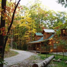 a log cabin sits in the woods next to a path