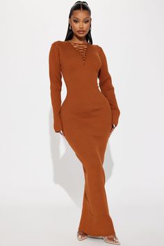 Available In Black, Cognac, And Magenta. Sweater Maxi Dress Long Sleeve V-Neck Lace Up Detail Stretch 50% Viscose 30% Polyester 20% Nylon Imported | Sara Sweater Maxi Dress in Cognac Brown size XL by Fashion Nova Brown Ribbed V-neck Dress, Brown V-neck Ribbed Dress, Brown Ribbed Dress For Date Night, Brown Bodycon V-neck Dress, Brown V-neck Bodycon Dress, Magenta Sweater, Maxi Dress Long Sleeve, Sweater Maxi Dress, Maxi Dress Long