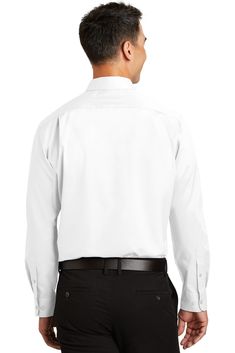 3.4-ounce, 55/45 cotton/poly; Button-down collar; Back shoulder pleats; Dyed-to-match buttons; Left chest pocket; Rounded adjustable cuffs; Wrinkle resistant; Stain resistant Professional White Long Sleeve Shirt, Professional Long Sleeve Cotton Top, Professional Cotton Tops For Workwear, Professional Cotton Work Shirt, Professional Cotton Collared Dress Shirt, Professional Cotton Dress Shirt With Spread Collar, Professional Cotton Shirt With Spread Collar, Professional Cotton Business Shirt, Professional Cotton Shirt For Business