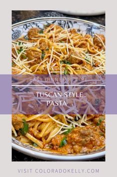 the pasta dish is ready to be eaten with text overlay that reads easy dinner recipe tuscan style pasta