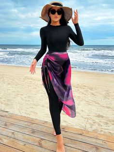 Summer Beach Women's One-Piece Swimwear Set Purple Boho   Fabric,Mesh Fabric Ombre  High Stretch  Women Clothing, size features are:Bust: ,Length: ,Sleeve Length: Swimming Suits For Hijab, Swimming Suit With Skirt, Modest Swimming Suits For Women, Swimming Dress For Women, Tropical Long Sleeve Cover-up For Beach Season, Fitted Long Sleeve Beach Cover-up, Beachy Fitted Long Sleeve Cover-up, Fitted Beachy Long Sleeve Cover-up, Long Sleeve Swimwear For Spring Pool Season