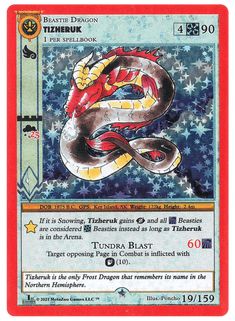 a red and blue card with a dragon on it's back, in the middle of