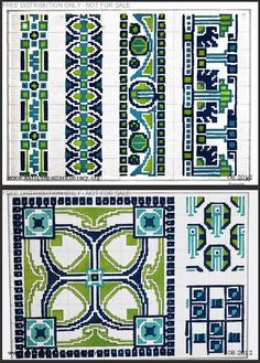 two pictures of different designs on fabric, one is blue and the other is green