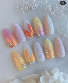 Seashell Encapsulated Nails, 3d Seashell Nail Art, She’ll Nails 3d, Mermaid Nails, Great Nails, Manicure Y Pedicure, Nail Trends, Long Nails, Beauty Nails