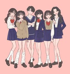 four girls in school uniforms standing next to each other with their hands on their hipss