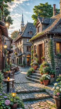 a painting of a cobblestone street with potted plants and flowers on either side