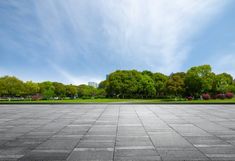 an empty parking lot with trees in the background