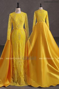 10% off now|Free shipping world-wide. Modest Yellow Long Sleeve Mermaid Formal Party Dress with Detachable Train at GemGrace. Click to learn our pro custom-made service for wedding dress, formal dress. View #BridalPartyDresses for more ideas. Long Sleeve Yellow Dress Prom, Elegant Long Sleeve Yellow Dress, Yellow Long Sleeve Maxi Dress For Evening, Elegant Long Sleeve Yellow Gown, Glamorous Yellow Floor-length Evening Dress, Dress With Detachable Train, Delicate Gown, Yellow Long Sleeve, Detachable Train