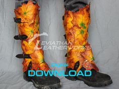 "Arboreal Leaf Gaiters (Leather Pattern) ALL FOUR SIZES INCLUDED: Small, Medium, Large, and Extra Large. STEP-BY-STEP PROJECT INSTRUCTIONS! Difficulty rating: *Expert* - This pattern is more challenging for more fun! Required materials list in the assembly instructions Gaiters are a great way to show your style, whether you're walking through brush, riding a motorcycle, or just like the look of tall boots without the commitment! This template and instruction set will take you through making your Boot Cover Pattern, Diy Boots, Riding A Motorcycle, Costume Armour, Leather Bracers, Fashion Cowboy Boots, Larp Costume, Assembly Instructions, Set Patterns