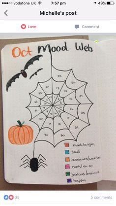 an open halloween coloring book with bats and pumpkins on the page, which reads oct mood web