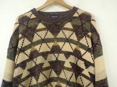 90s Green & Tan Geometric Sweater Mens Large, Cosby Sweater, Retro Sweater, Striped Sweater, Crewnec Casual Geometric Pattern Sweater For Winter, Winter Crew Neck Sweater With Geometric Pattern, Winter Geometric Pattern Crew Neck Sweater, Winter Argyle Pattern Crew Neck Sweater, Winter Argyle Pattern Tops, Casual Argyle Pattern Crew Neck Sweater, Abstract Sweater, Cosby Sweater, Grey Sport Coat