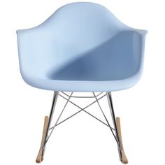 a blue plastic chair with metal legs and a wooden base on an isolated white background