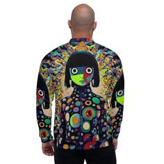 Add a little zing to your wardrobe with this vibrant All-Over Print Bomber Jacket. Whether you're layering it on a basic t-shirt or a warm hoodie, this jacket is a versatile fashion statement that's sure to turn heads. Made from 100% polyester with a brushed fleece inside, it offers both style and comfort. The unisex fit, sturdy construction with overlock seams, silver YKK zipper, and two self-fabric pockets make it a practical yet fashionable choice. Each jacket is uniquely customizable, making Artistic Multicolor Long Sleeve Outerwear, Artsy Long Sleeve Outerwear With Graphic Print, Artistic Black Long Sleeve Outerwear, Artsy Multicolor Long Sleeve Outerwear, Artistic Long Sleeve Outerwear For Fall, Artistic Long Sleeve Fall Outerwear, Artistic Fitted Long Sleeve Outerwear, Trendy Streetwear, Statement Art