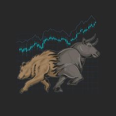 two bull and bear bulls running in front of an upward graph line on a black background