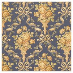 a blue and yellow floral wallpaper with flowers on the bottom, in an ornate pattern