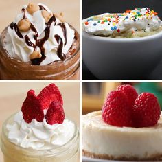 four different desserts with whipped cream, raspberries, and chocolate toppings