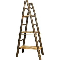 a wooden ladder shelf with two shelves on each side