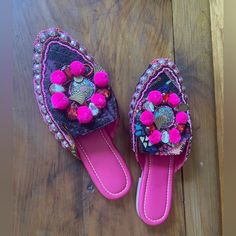 Nipulshah Pink Beaded Stud Pointed Toe Flat Sandals Size 38 Telectric. Eclectic. So Beautiful Purple Flat Sandals For Party, Festival Embellished Party Sandals, Festival Party Embellished Sandals, Bohemian Embellished Party Sandals, Multicolor Fabric Sandals For Party, Pink Fabric Sandals For The Beach, Pink Fabric Sandals For Beach, Multicolor Fabric Party Sandals, Pink Bohemian Slip-on Sandals