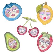 four drawings of fruit and vegetables with faces painted on them, including an avocado