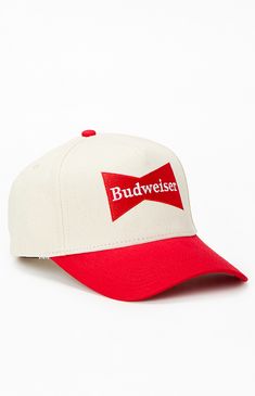 PacSun Exclusive! The Budweiser By PacSun Twill Logo Snapback Hat features a striking red and ivory design with an embroidered logo on the front panel. Complete with breathable eyelets and an adjustable snapback closure, this hat combines classic style with everyday comfort.


	Embroidery on the front
	Adjustable snapback closure
	Red details
	Breathable eyelets Summer Snapback Baseball Cap In Canvas, Summer Canvas Snapback Baseball Cap, Summer Canvas Snapback Hat, Sporty Trucker Hat With Embroidered Logo For Summer, Sporty Summer Trucker Hat With Embroidered Logo, Red Cotton Trucker Hat With Embroidered Logo, Summer Sports Trucker Hat With Embroidered Logo, Red Snapback Visor Hat For Summer, White Embroidered Logo Trucker Hat For Summer