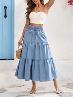 Women's Layered Denim Skirt, Blue Color With Ruffle Trim Light Wash Casual   Denim Plain Layered/Tiered Non-Stretch  Women Clothing, size features are:Bust: ,Length: ,Sleeve Length: Denim Tiered Skirt Outfit, Flared Denim Skirt, Pleated Denim Skirt, Midi Skirt Casual, Long Denim Skirt, Skirt Casual, Denim Overall Dress, Denim Skirt Women, Denim Skirts