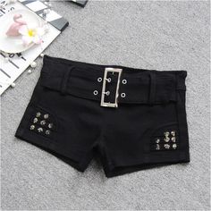 Shop women Black Spicy Girl Shorts now Exclusively on Aesthelook with Free Worldwide Shipping - Black Spicy Girl Shorts on SALE! Demin Shorts, Shorts Female, Junior Pants, Studded Shorts, Hot Short, Y2k Punk, Womens Knit Dresses, Womens Cami, Linen Pants Women