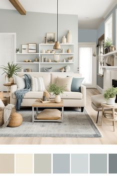 a living room filled with furniture and lots of color swatches in shades of blue