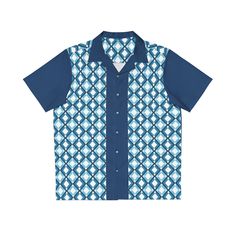 Step back into a bygone era of style with this navy blue retro-inspired bowling shirt, boasting a bold geometric pattern that harks back to the vintage Hawaiian aesthetic. Designed for the fashion-forward yet nostalgic individual, this shirt features a classic button-up front, crisp collar, and short sleeves for a comfortable, relaxed fit. Ideal for casual outings or themed events, this piece merges the laid-back charm of leisurewear with the timeless appeal of 1950s Americana. Made to have a boxy fit and a notch lapel collar that are perfect for any laidback scenario, these shirts come with a handy chest pocket and a 95% polyester and 5% spandex fabric for silky comfort.  .: Material: 95% polyester, 5% spandex .: Sewn-in label .: Medium fabric (7.23 oz/yd²(245 g/m .: Boxy fit .: Chest poc 1950s Americana, Hawaiian Aesthetic, Retro Bowling Shirts, Mens Bowling Shirts, 1950 Fashion, Bowling Shirt, 1950s Style, Themed Events, Bygone Era