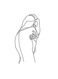 a line drawing of a woman's face with her hands on her chest, looking to the side