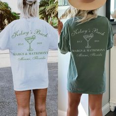 For your bachelorette party, make a statement with personalized margs and matrimony bridal party shirts custom-made for your location, ensuring you and your crew stand out in oversized matching beach t-shirts at the wedding group celebration. **White and pink shirts will be in green font and the green (moss) shirt will be in white font. ABOUT THE SHIRT Comfort Colors 1717 Unisex Jersey Short Sleeve 100% Ringspun Soft Cotton Fits True To Size Size UP 1-2 Sizes For An Oversized Look RETURN POLICY This product is made to order just for you as soon as you purchase, which is why no returns or exchanges are accepted. If you are unhappy with your purchase for any reason, please reach out to us as soon as possible. Quality is very important to us and we want you to be happy with your order! PROCES Marks And Matrimony Bachelorette Outfits, Green Bachelorette Party Outfit, Green Bachelorette Party, Bachelorette Party Outfits Group, Bachelorette Matching Shirts, Bachelorette Matching, Mexico Bachelorette Party, Mexico Bachelorette, Tshirt Oversized