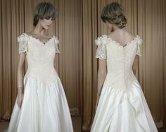 two pictures of a woman in a wedding dress with short sleeves and an open back