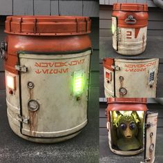 four different views of an old, rusty looking machine with green light on it's side