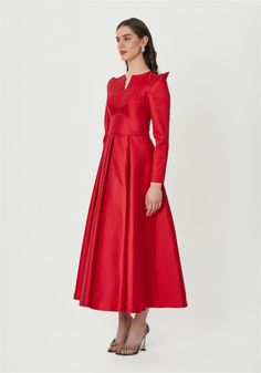 Step into elegance with this stunning red satin A-line dress, perfect for making a statement at any special occasion. The structured shoulders add a modern edge, while the long sleeves and flowing skirt ensure timeless sophistication. The carefully tailored bodice highlights your figure, creating a flattering silhouette that exudes confidence and grace. Whether you're attending a formal event, a wedding, or a gala, this dress is designed to turn heads and leave a lasting impression. Satin Long Sleeve, Elegant Red, Flowing Skirt, Red Satin, Dress Clothes For Women, Formal Event, A Line Dress, Custom Sizing, A Line