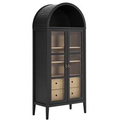 Modway Nolan Modern Farmhouse 71 Tall Arched Storage Display Cabinet in Black Oak Wood Grain Arched Storage, Dining Room Cabinet, Tempered Glass Door, Beach House Style, Storage Display, Living Room Cabinets, Modway Furniture, Wood Display, Modern Farmhouse Style