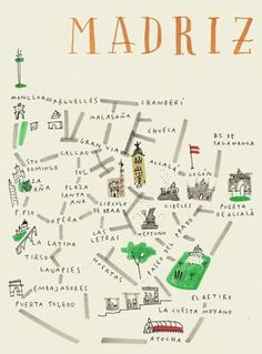 an illustrated map of madrid, with the name and location on it's side