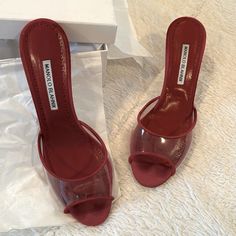 Manolo Blahnik “Jadifa” Pvc And Red Suede Mules With 70mm Heel From 2023 (Purchased On Net-A-Porter) Size 39 (I Wear An 8.5 Or 9). Red Suede With Clear Pvc Sandal In Original Box With Original Packaging. Some Wear On Bottom Of Shoe, But Only Worn 2 Times. Luxury Red Heels With Single Toe Strap, Red Single Toe Strap Heels For Formal Occasions, Red Heels With Single Toe Strap For Formal Occasions, Red Heels With Wrapped Heel And Single Toe Strap, Designer Closed Toe Sandals With Red Sole, Red Sandals With Wrapped Heel, Designer Cocktail Sandals With Red Sole, Designer Red Sandals With Padded Heel, Designer Red High Heel Sandals