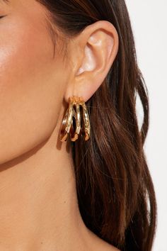 Available In Gold. Hoop Earrings Metal Material Post Back Closure Final Sale Imported | Majestic Ripple Hoop Earrings in Gold by Fashion Nova Earrings Metal, Earrings In Gold, Metal Material, Gold Fashion, Gold Hoop, Gold Hoop Earrings, Accessories Earrings, Fashion Nova, Final Sale