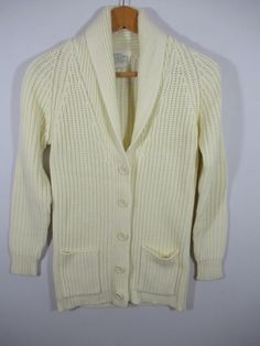 "Vintage 70s 80s Sears Long Button Up Cardigan Sweater, Women Size Small, Ivory Ivory. Acrylic. Approx. 17\" pit to pit and 27\" length. Good condition." Vintage Button-up Spring Sweater, Retro Fitted Button-up Cardigan, Affordable Retro Button-up Cardigan, Vintage Cream Button-up Sweater, 1970s Cardigan, Jumpers And Cardigans, Vintage 70s, Cardigans For Women, Sweater Cardigan