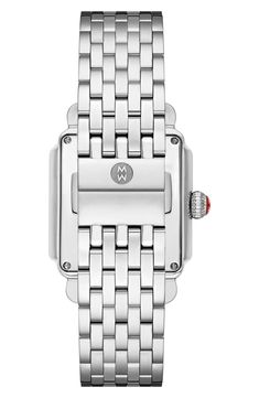 A classic design brings timeless elegance to this stainless steel bracelet watch that's an essential for everyday wear. 32mm case; 18mm band width Deployant clasp closure Swiss quartz movement Total diamond weight: 0.11ct. Color: G–H Clarity: SI1 Mineral crystal face Stainless steel/diamond Swiss made Diamond Guide White Gold Diamond Watch With Stainless Steel, Stainless Steel Diamond Watch With Rectangular Dial, Classic White Diamond Watch In Stainless Steel, Modern Watch Bands With Diamond Hour Markers For Anniversary, Timeless Stainless Steel Diamond Watch With Diamond Hour Markers, Classic Stainless Steel Watch Accessories In White Gold, Classic White Gold Stainless Steel Watch Accessories, Classic Stainless Steel Watch Bands With Polished Finish, Classic White Gold Stainless Steel Watches