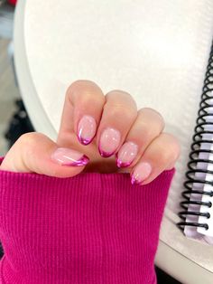 #chromenails #frenchtipnails #nails #pinknails Nail Inspo Short Oval, Nails To Go With A Hot Pink Dress, Purple Nails Homecoming, Magenta Nail Ideas, Pink Designed Nails, Pink Tip Chrome Nails, Dark Pink Nail Ideas, Chrome Tip Nails French Manicures, Pink French Tip Nails With Chrome