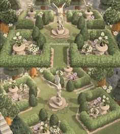 an aerial view of a garden with statues and flowers in the center, surrounded by greenery