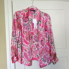 Elegant And Pretty Blouse Pink Silk Button-up Blouse, Pink Printed Silk Blouse, Elegant Pink Shirt With Floral Print, Fitted Paisley Print Blouse For Work, Elegant Pink Floral Print Shirt, Elegant V-neck Shirt With Floral Print, Elegant V-neck Printed Shirt, Pink Silk Shirt For Spring, Pink Silk Button-up Top