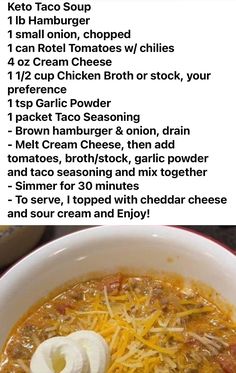 a bowl of chili with cheese on top and instructions for how to make it in the microwave