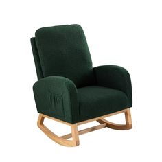 a green rocking chair with wooden legs