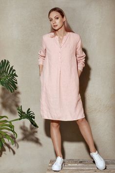 Pink Linen Shirt Dress / Pink Linen Shirt / Long Linen Tunic Shirt / Loose Fit Linen Shirt / Linen T Pink Long Sleeve Relaxed Fit Shirt Dress, Pink Relaxed Fit Long Sleeve Shirt Dress, Linen Long Sleeve Shirt Dress With Placket, Long Sleeve Linen Dress With Placket, Long Sleeve Linen Shirt Dress With Placket, Casual Long Sleeve Tunic With Placket, Long Sleeve Tunic With Pockets For Daywear, Linen Shirt Dress Outfit, Pink Linen Shirt