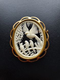 Crafted with meticulous artistry, this 1940's brooch features delicately carved birds set within an elegant gold frame. This brooch is a testament to a bygone era, carrying with it a unique blend of vintage charm and timeless elegance. This piece is very light due to material and construction, there is a slight warping to one bottom gold loop. This item is pre-owned. Selling as is and as shown. Carved Birds, Vintage Celluloid, Cameo Brooch, Vintage Art Deco, Vintage Charms, Gold Frame, Vintage Art, Brooches, Selling On Etsy